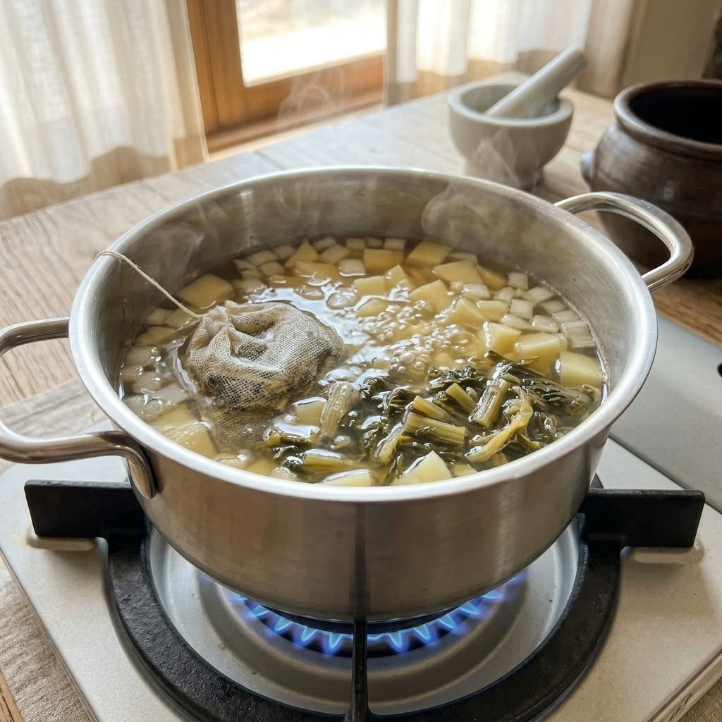 멸치 육수팩과 감자, 양파, 시래기를 넣고 끓이는 장면, 된장 라면 2단계