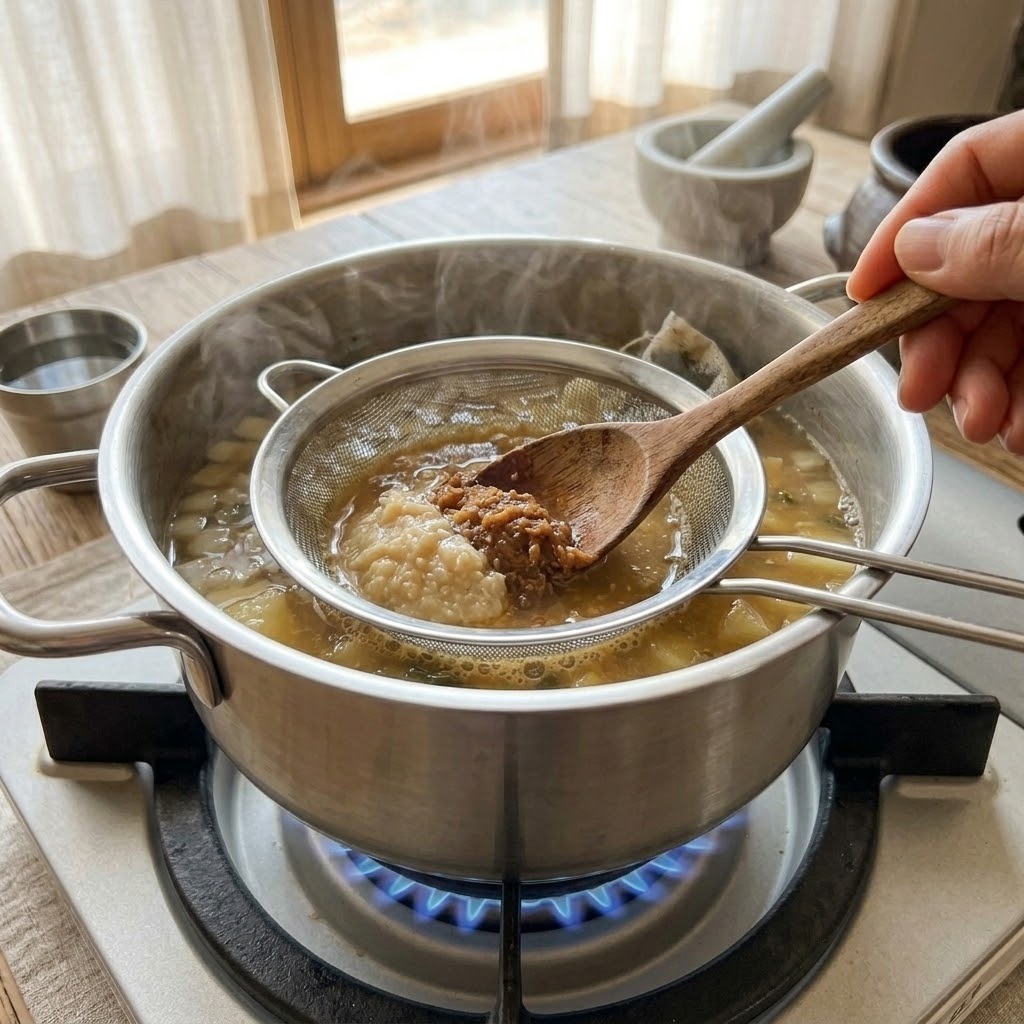 체망을 이용해 집된장과 백된장을 육수에 풀어주는 모습, 된장 라면 3단계