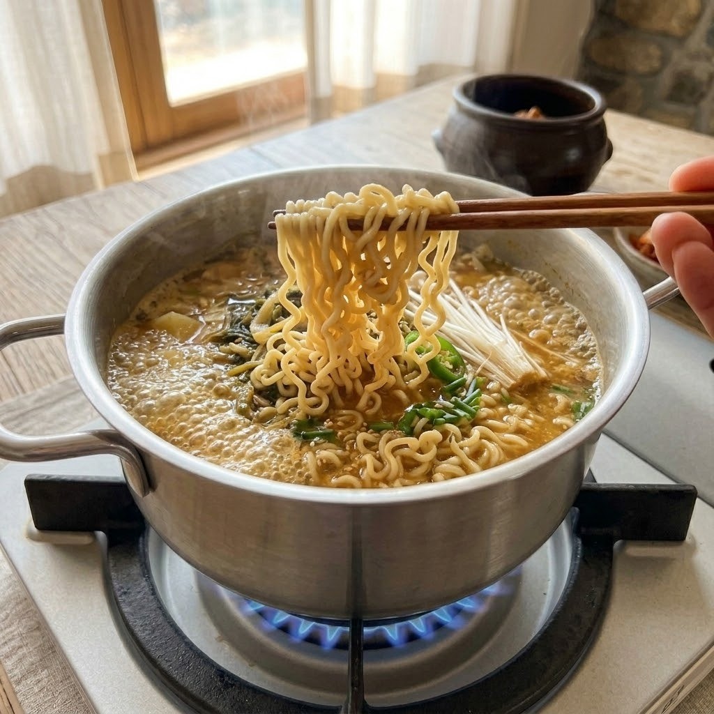 끓는 된장 국물에 라면사리와 팽이버섯, 쪽파를 넣고 조리하는 과정, 된장 라면 4단계