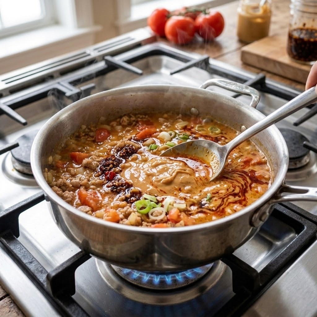 라조장과 땅콩버터 넣어 육수 끓이기, 편스토랑 정상훈 토마콩면 만들기 3단계