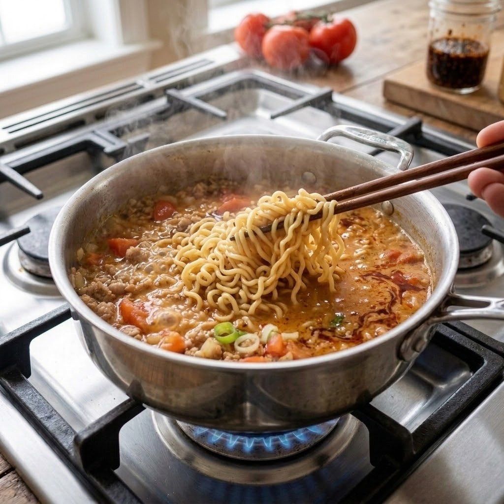 라면 사리 삶아서 육수와 함께 끓이기, 편스토랑 정상훈 토마콩면 만들기 4단계