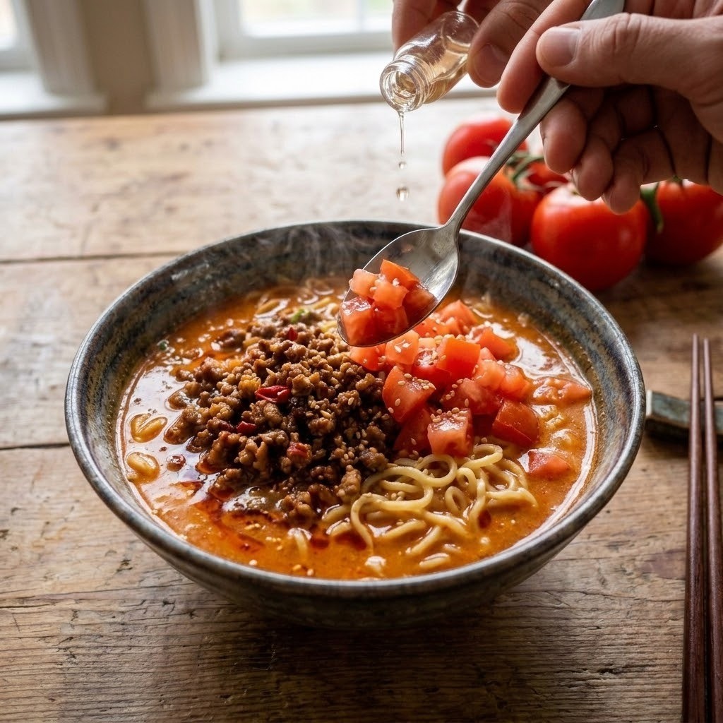 그릇에 담고 토마토 고명과 식초 뿌리기, 편스토랑 정상훈 토마콩면 만들기 5단계