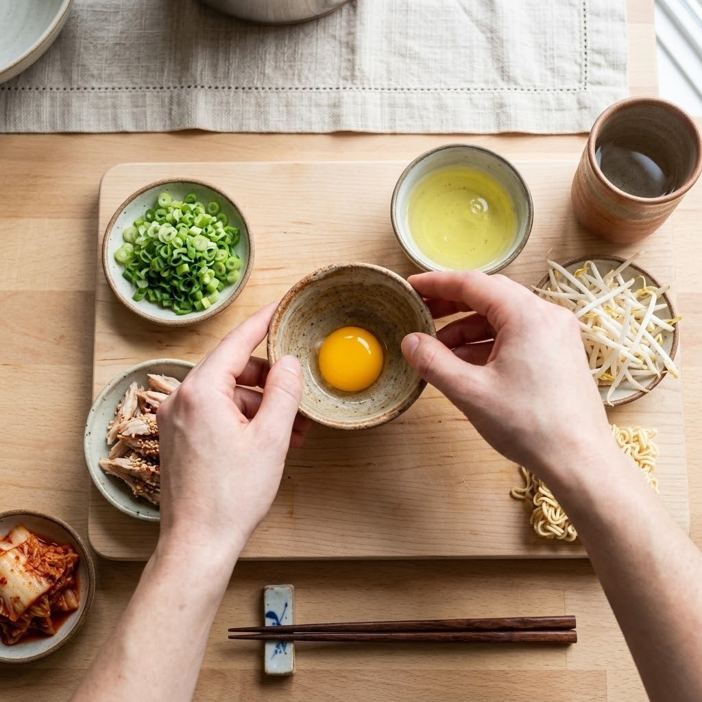 대파 썰기, 닭가슴살 찢기, 숙주 세척 및 달걀 분리하기, 새우젓 라면 만들기 1단계