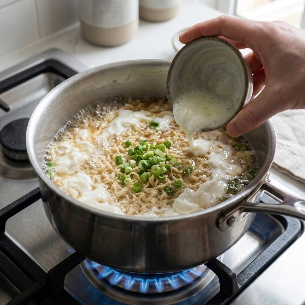 달걀 흰자와 대파를 넣고 1분 30초간 끓인 뒤 면기에 담기, 새우젓 라면 만들기 3단계