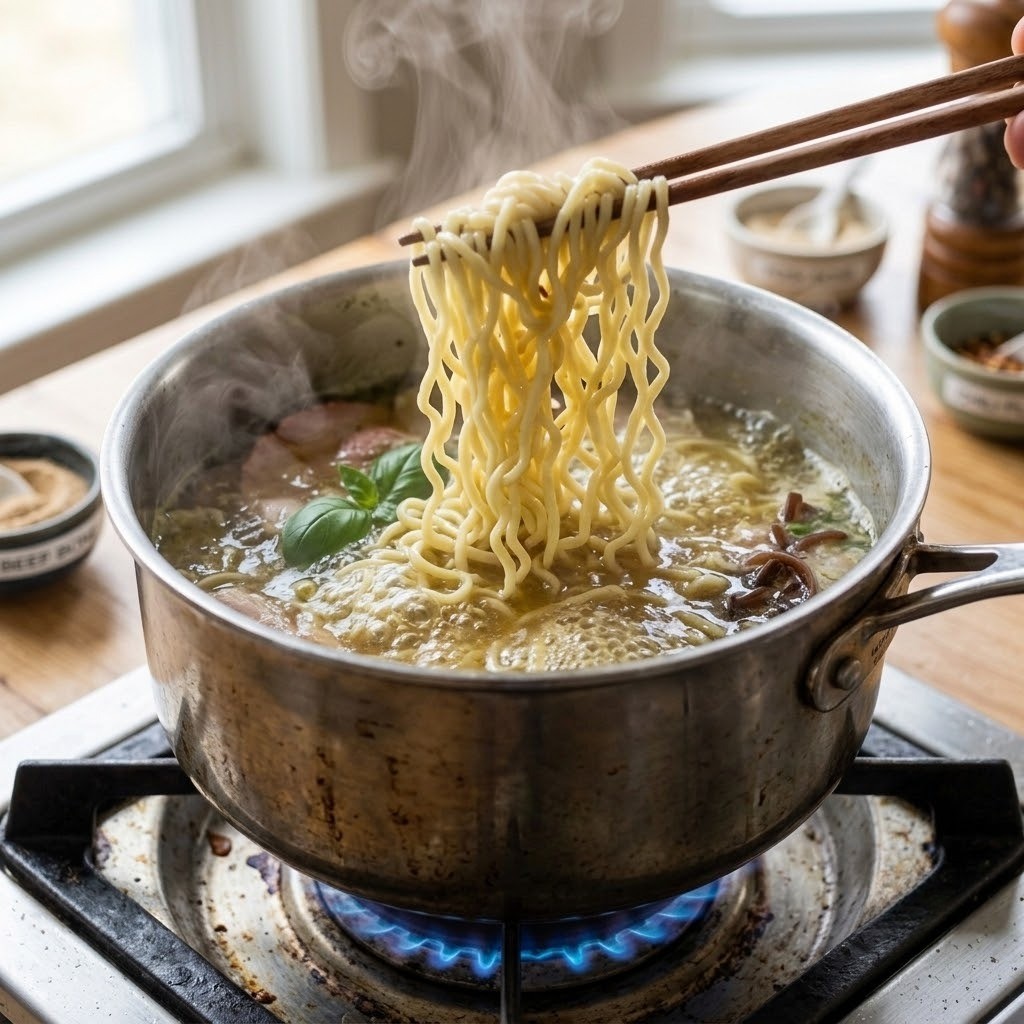 끓는 육수에 건면 사리를 넣고 4분 30초간 끓이는 조리 과정
