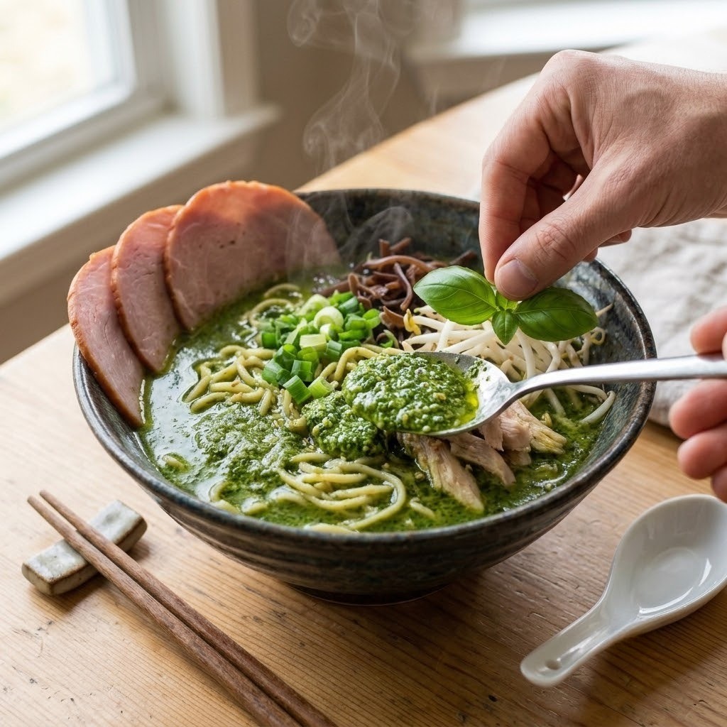 그릇에 햄을 걸고 바질 라면과 바질페스토 고명 얹어 완성하기