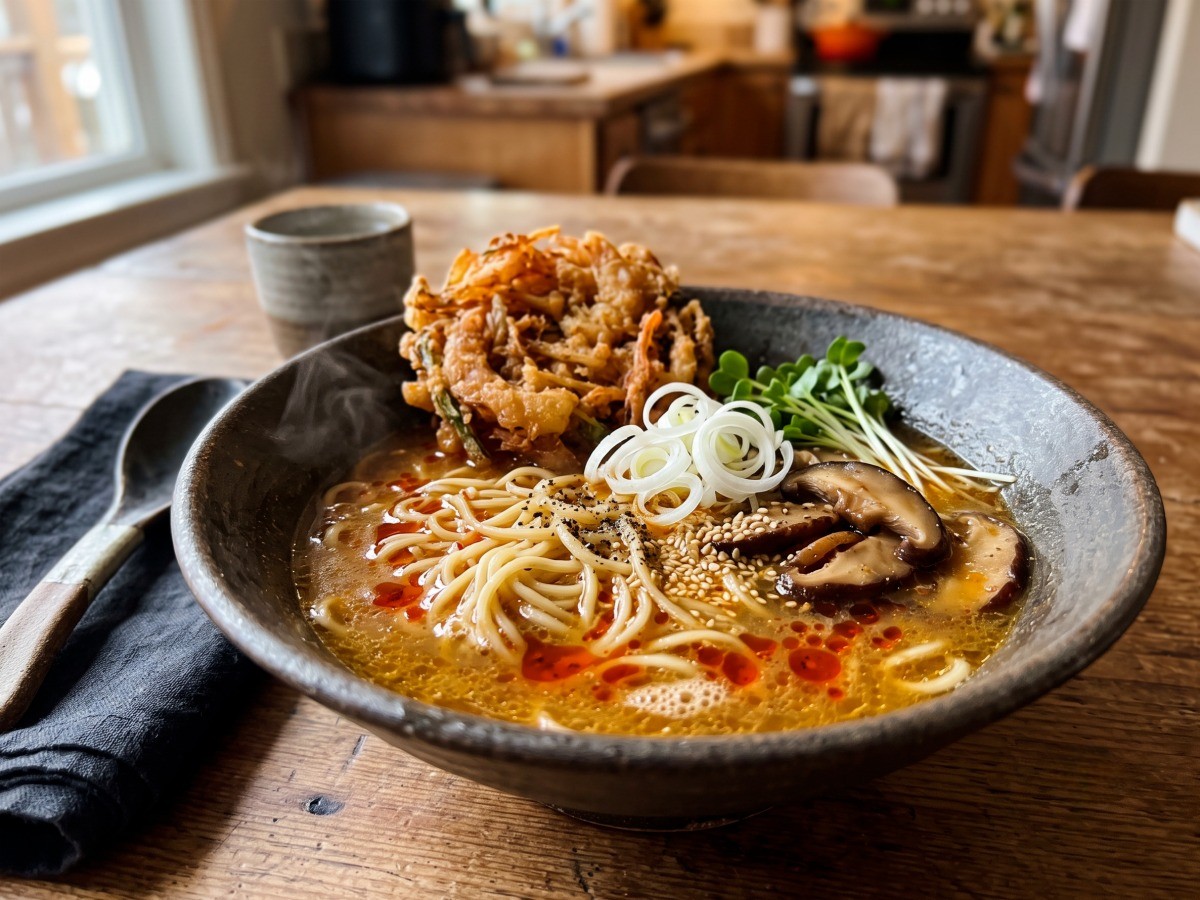 편스토랑 류수영 우새탕면 완성 요리, 진한 소기름 채수 국물과 바삭한 수제 새우바의 조화