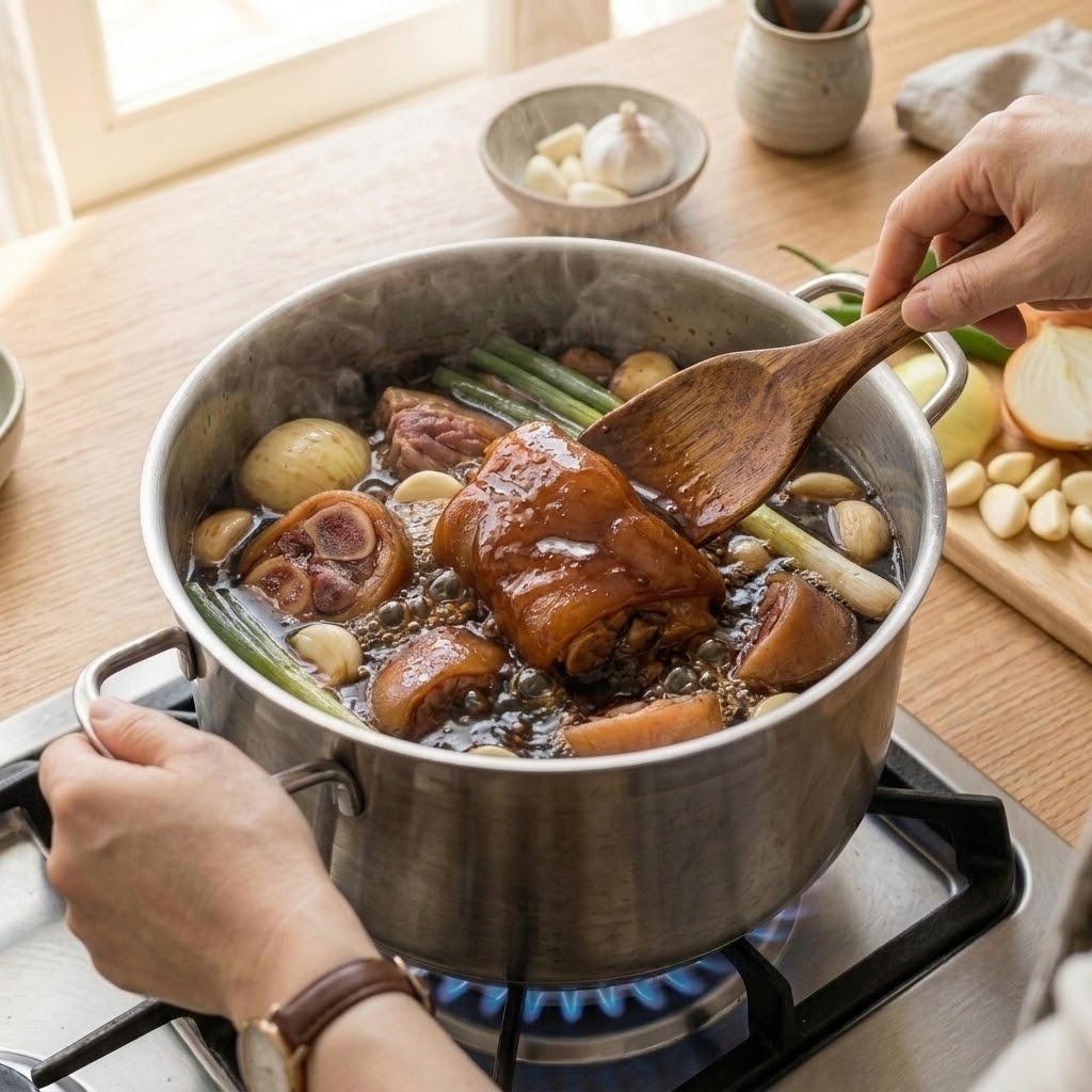 앞다릿살을 넣고 걸쭉하게 조려 완성하는 쌍화탕 족발 4단계