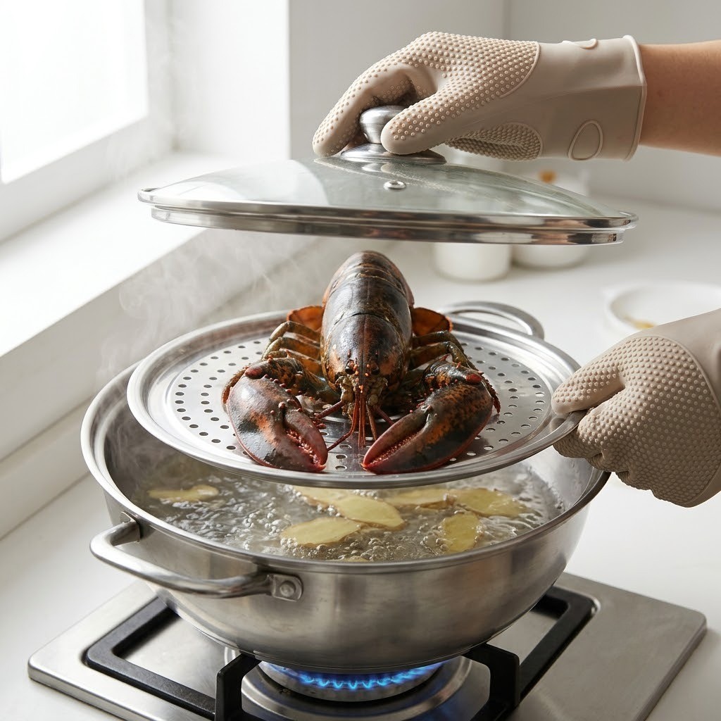 세척한 랍스터를 뒤집어 찜기에 넣고 찌기, 랍스터 감바스 1단계