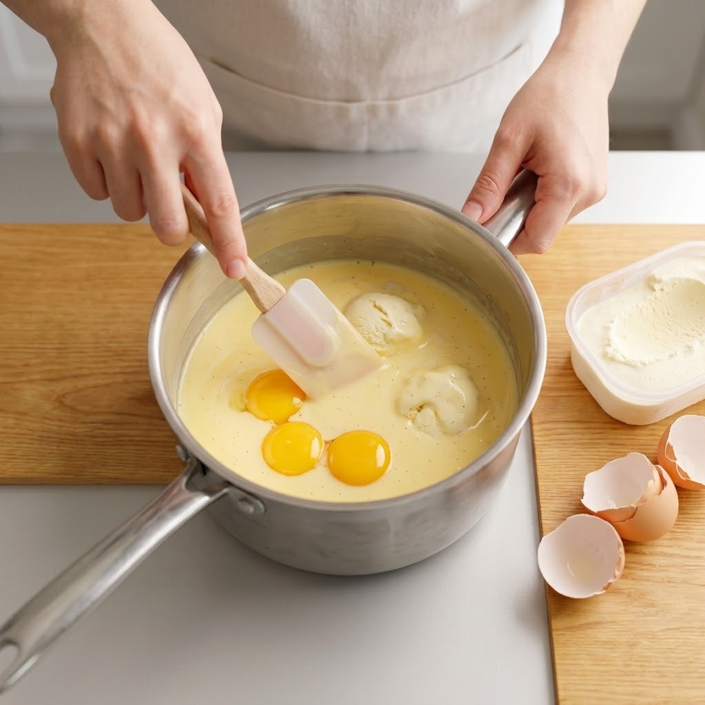 바닐라 아이스크림과 달걀노른자를 냄비에 섞는 과정, 편스토랑 박솔미 크렘 브륄레 1단계