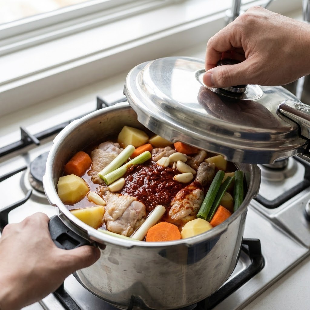 압력솥에 닭과 채소 양념장 넣고 푹 끓이기, 카피정 닭볶음탕 조리 3단계