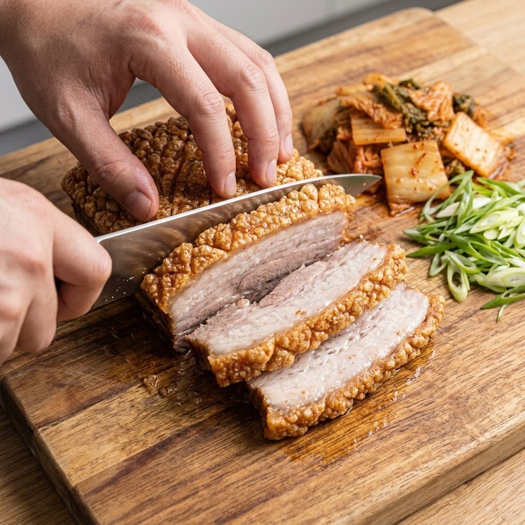 크리스피 통오겹살 썰기와 묵은지 대파 손질 재료 준비