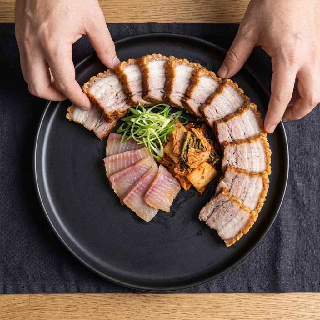 접시에 크리스피 오겹살과 홍어 묵은지 대파를 정갈하게 담아낸 완성 삼합