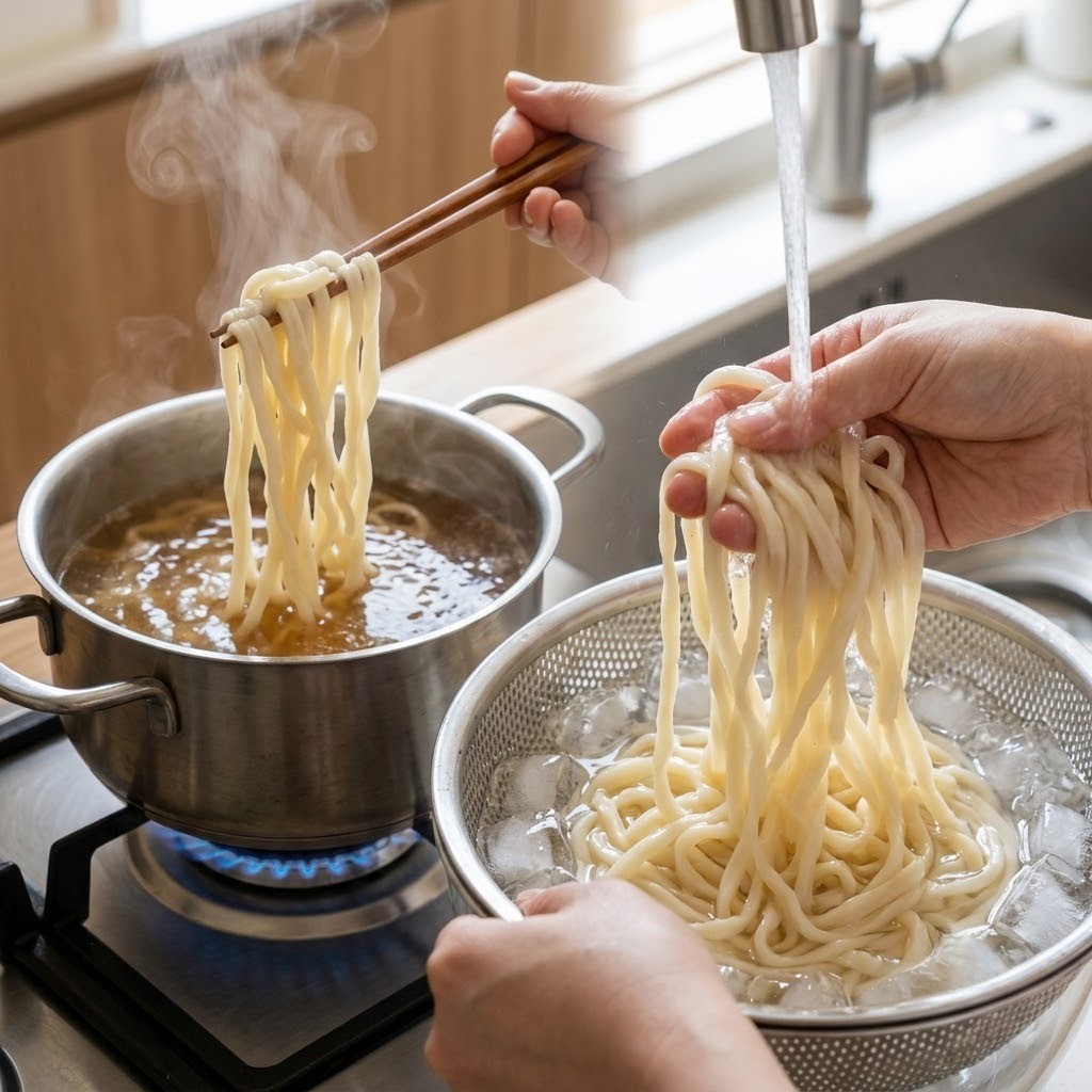 생칼국수면 멸치육수에 삶아 찬물에 전분 헹구기, 편스토랑 칼비빔면 2단계