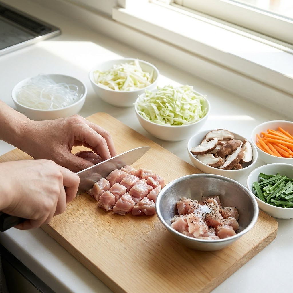 닭다리살 밑간 및 채소 손질하기, 규왕춘권 만들기 1단계