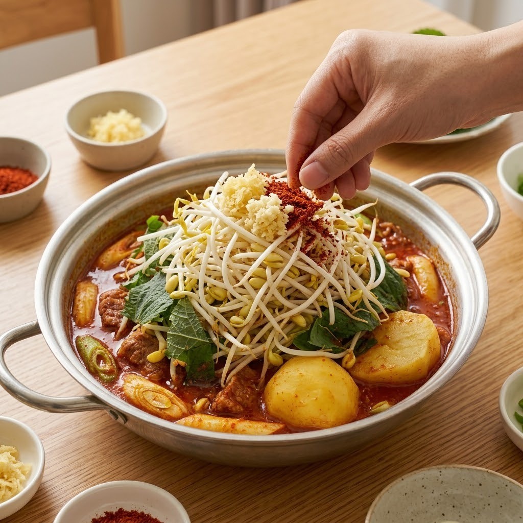 감자와 숙주 올려 전골처럼 끓이기, 고추장 돈파육 만들기 5단계