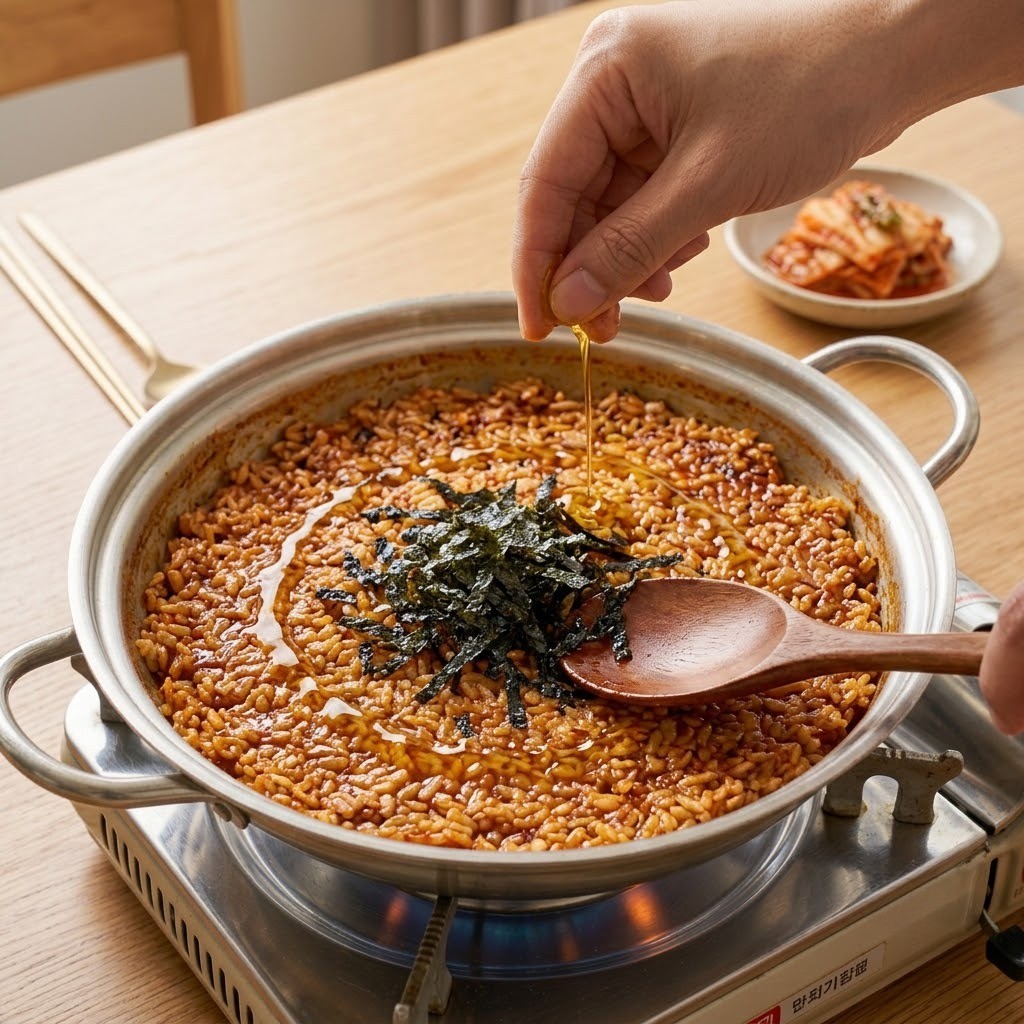 남은 양념에 들기름 넣고 밥 볶기, 고추장 돈파육 만들기 6단계