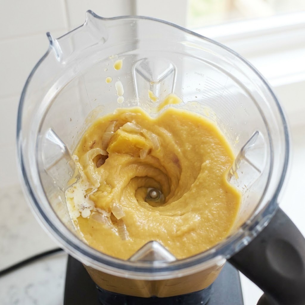 찐 고구마와 양파 생크림을 블렌더로 곱게 가는 5단계