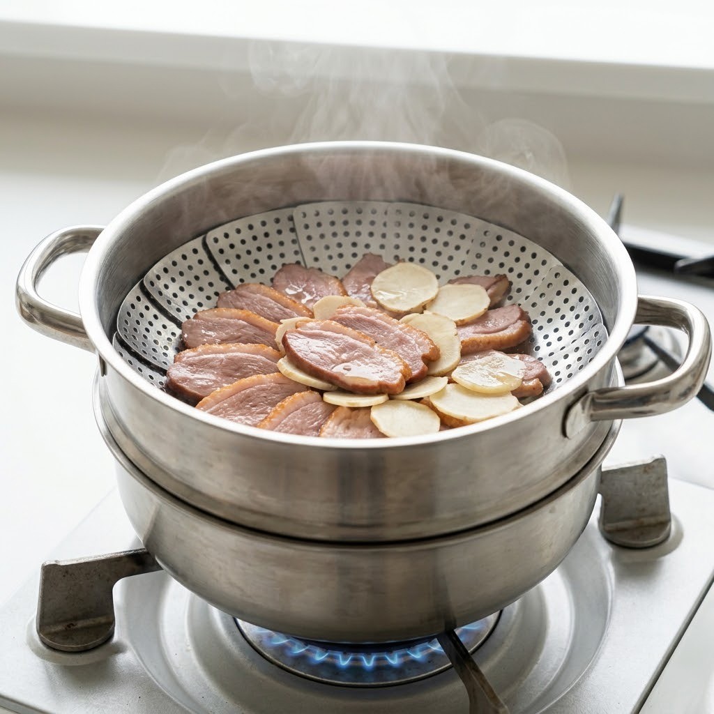 인삼과 훈제오리 찜솥에 찌기, 인삼 오리 베이글 2단계
