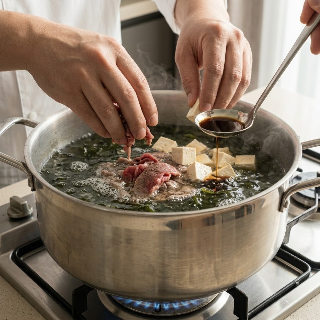 소고기 우둔살과 두부 넣고 국간장 맛술로 간 맞추기, 4L 대용량 미역국 만들기 3단계