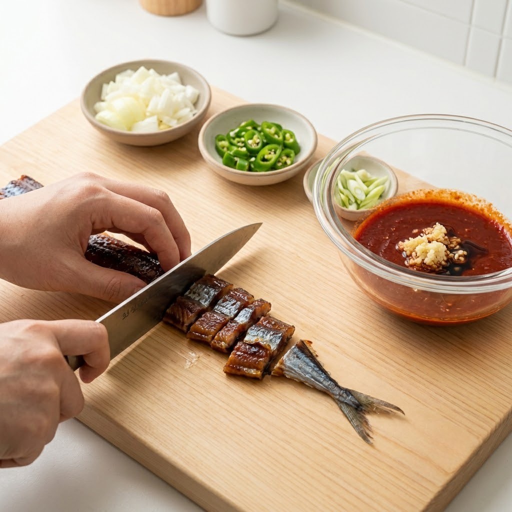 과메기 손질과 채소 썰기 및 양념장 만들기, 과메기볶음덮밥 1단계