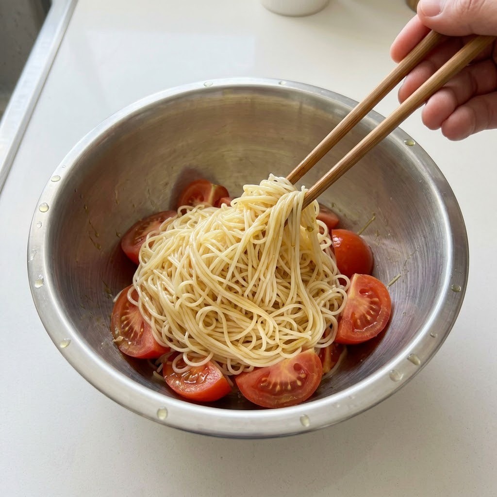 차가운 카펠리니면과 토마토 소스 버무리기, 추상화 냉파스타 4단계