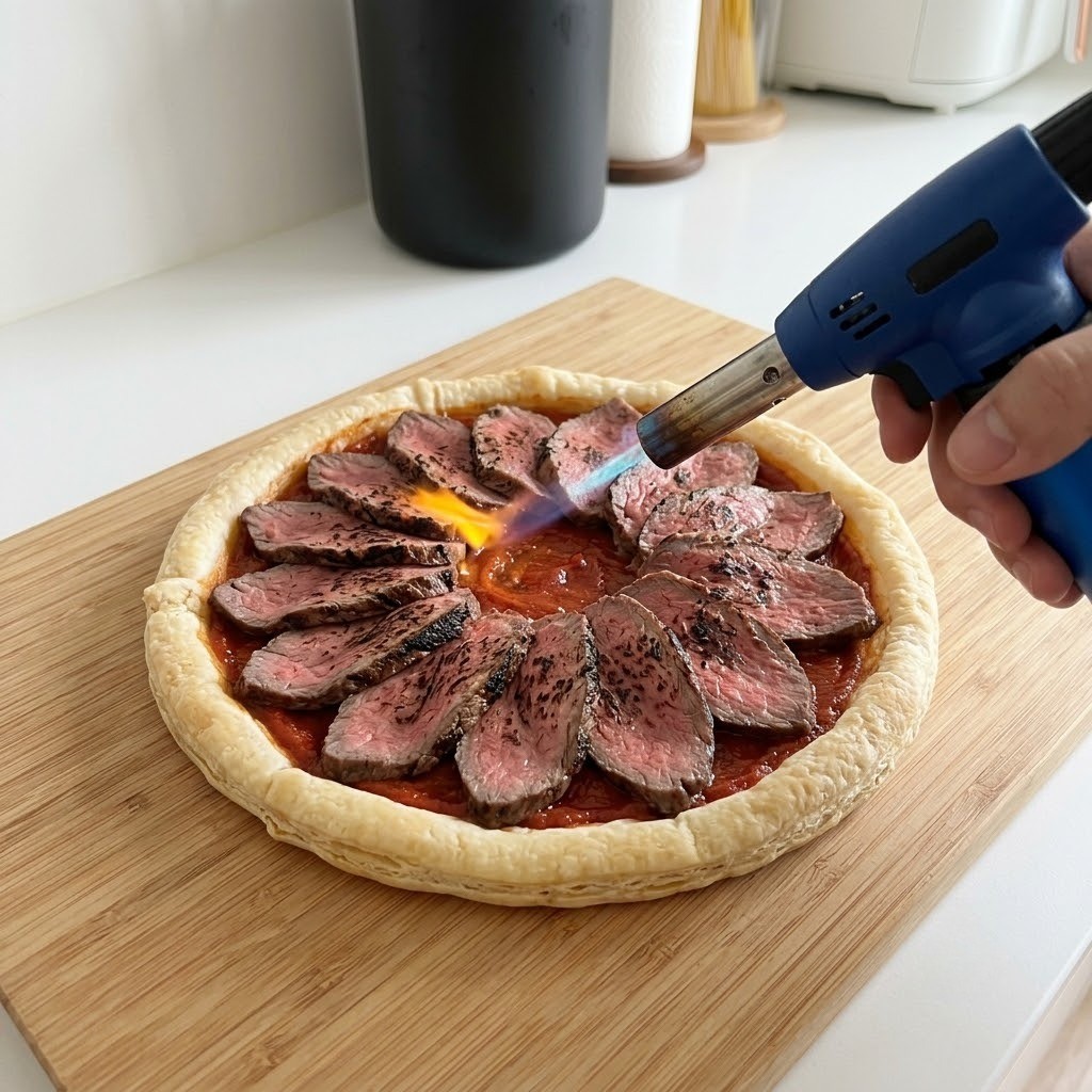 구운 도우에 토마토소스와 우둔살을 올리고 토치질하기, 치즈 폭탄 고기 피자 만들기 3단계