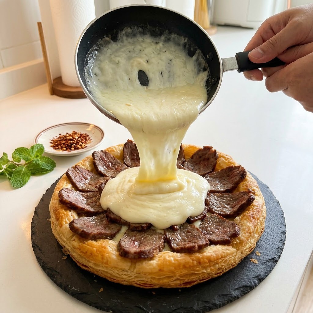 녹인 모차렐라 치즈 퐁듀를 붓고 완성하기, 치즈 폭탄 고기 피자 만들기 4단계