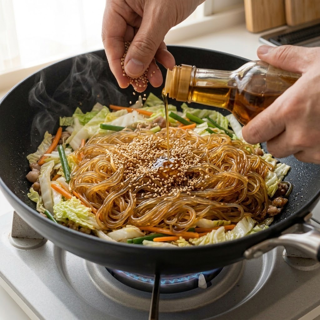 삶은 당면과 양념장을 넣고 센 불에 조린 후 참기름 통깨 뿌려 완성하기