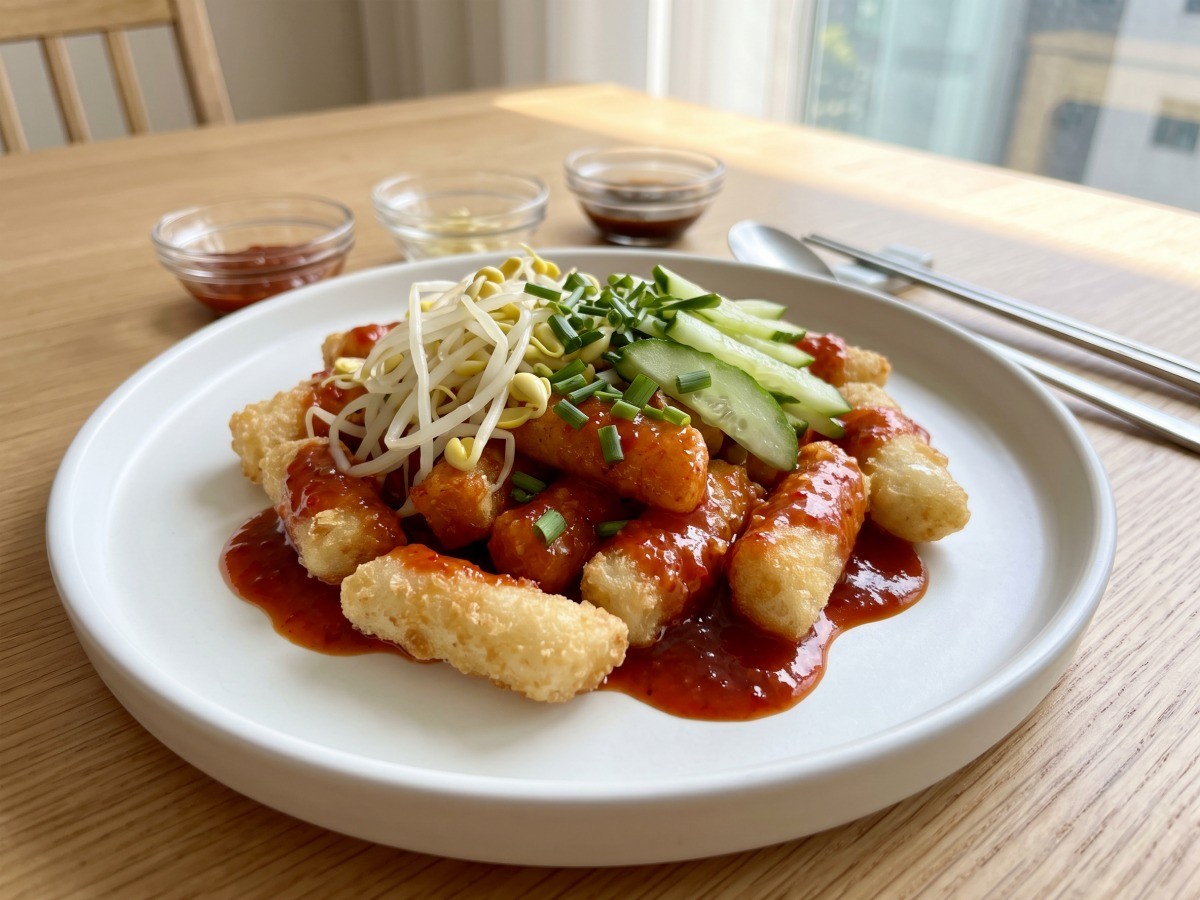 편스토랑 정상훈 냉떡볶이 완성 요리, 아삭한 채소와 바삭한 튀긴 떡의 조화