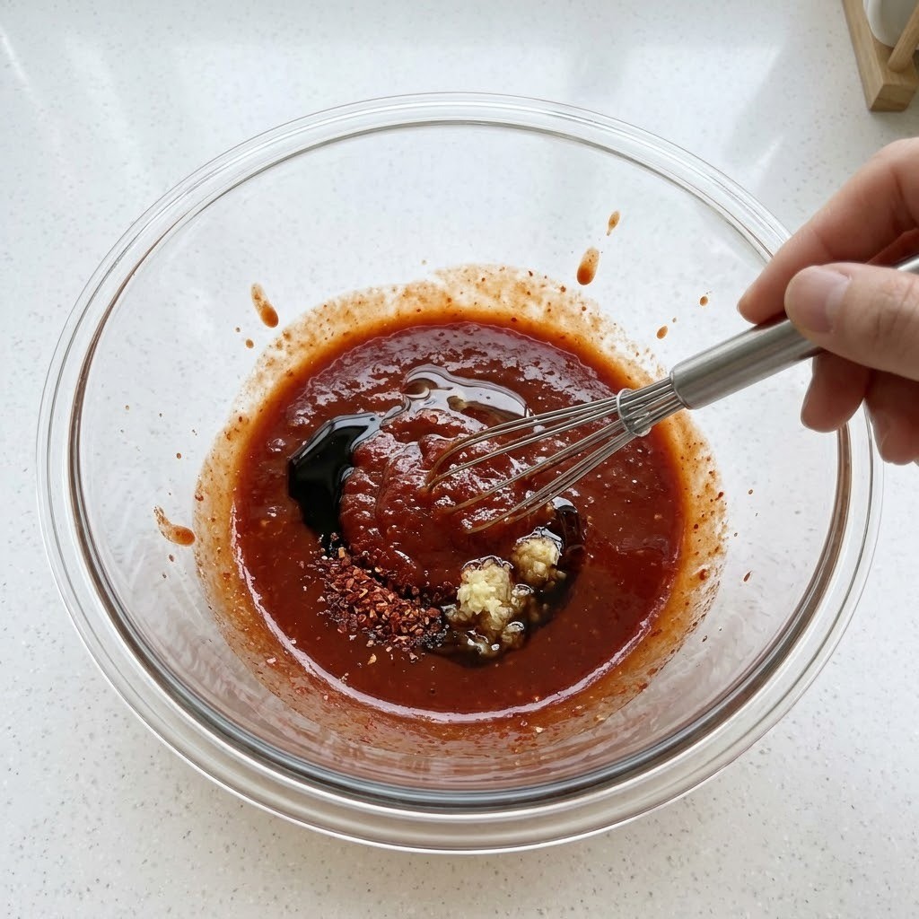 초고추장 간장 식초 고춧가루를 섞어 냉떡볶이 양념장 만들기 2단계