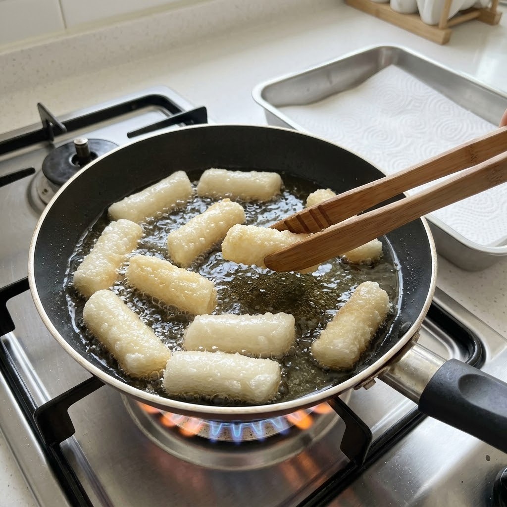 식용유에 쌀떡과 밀떡을 바삭하게 튀겨내는 조리 과정 3단계