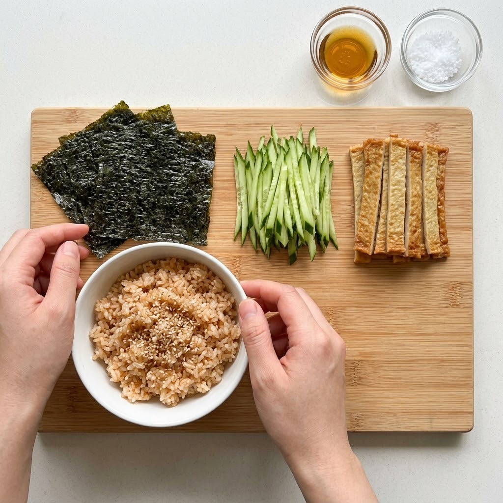 김과 오이를 손질하고 밥을 고소하게 밑간하는 매운 어묵 김밥 튀김 1단계