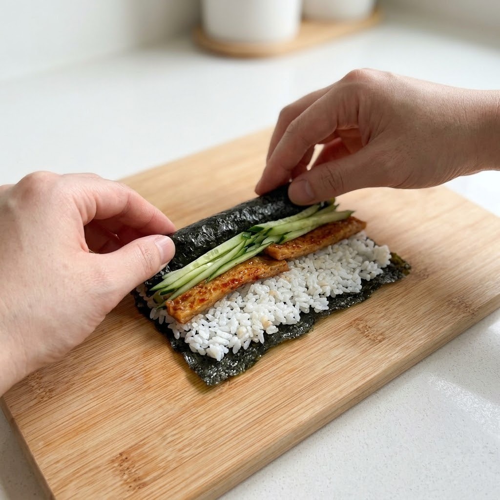 김 위에 밥과 매운 어묵, 오이를 얹고 단단하게 마는 매운 어묵 김밥 튀김 3단계