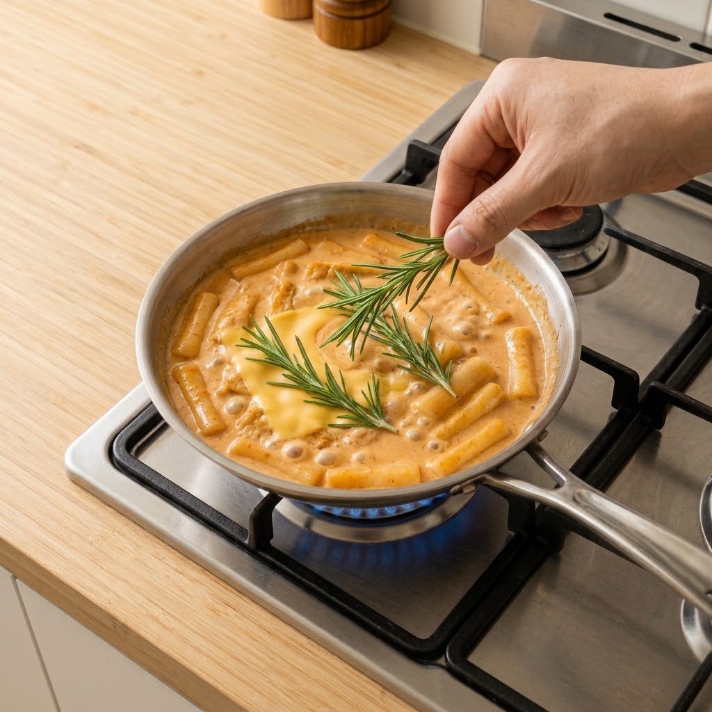 생 로즈메리를 넣어 향을 입히고 바게트를 곁들인 떡볶이 플레이팅