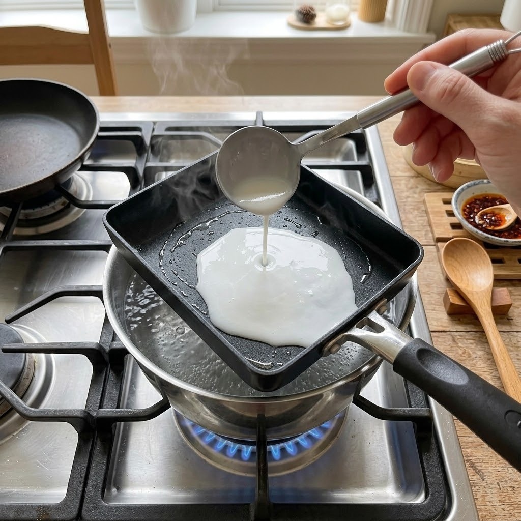 끓는 냄비 위 사각 팬에 식용유 바르고 반죽물 붓기, 편스토랑 김재원 창펀 3단계
