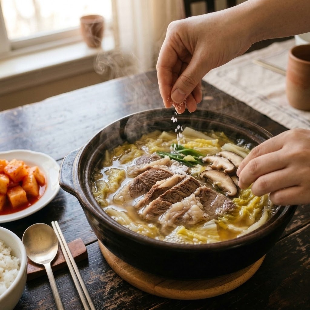 채 썬 표고버섯과 양파를 넣고 얇게 썬 양지 고명 올리기, 류수영 양지 해장국 5단계