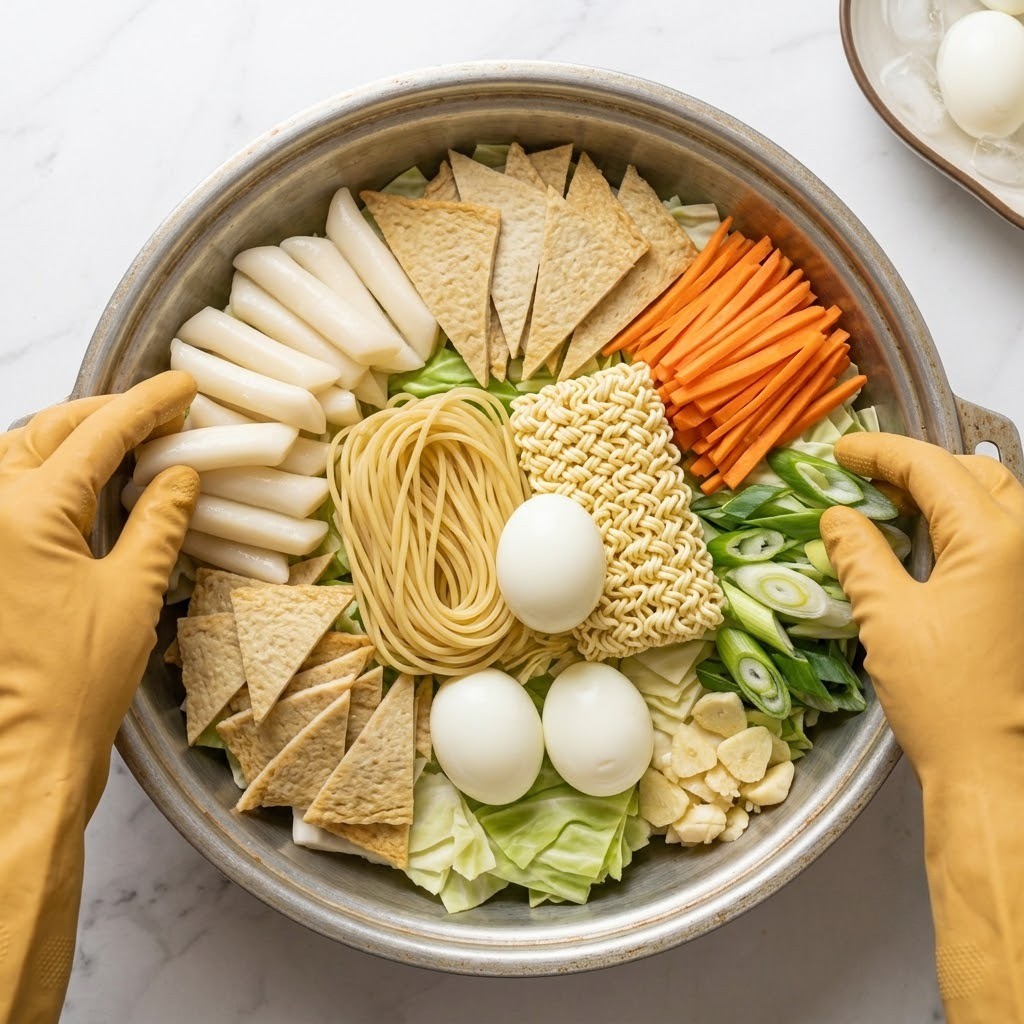 밀떡과 어묵, 라면 및 쫄면 사리 냄비 세팅, 류수영 즉석 떡볶이 만들기 2단계