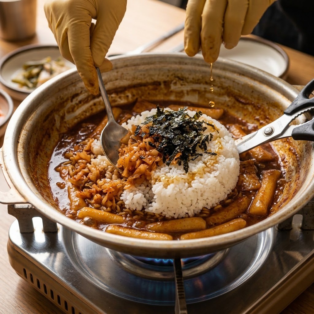 남은 떡볶이 국물로 신김치와 김가루 넣고 볶음밥 만들기, 류수영 즉석 떡볶이 5단계