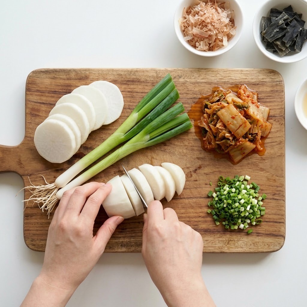 대파 무 김치 쪽파 손질하기 김치온면 레시피 재료 준비
