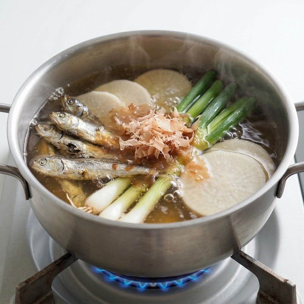 멸치와 다시마 볶아 채소 가다랑어포 넣고 육수 끓이기