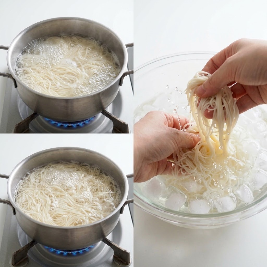 끓는 물에 소면 삶아 찬물에 헹궈 쫄깃한 면발 준비하기