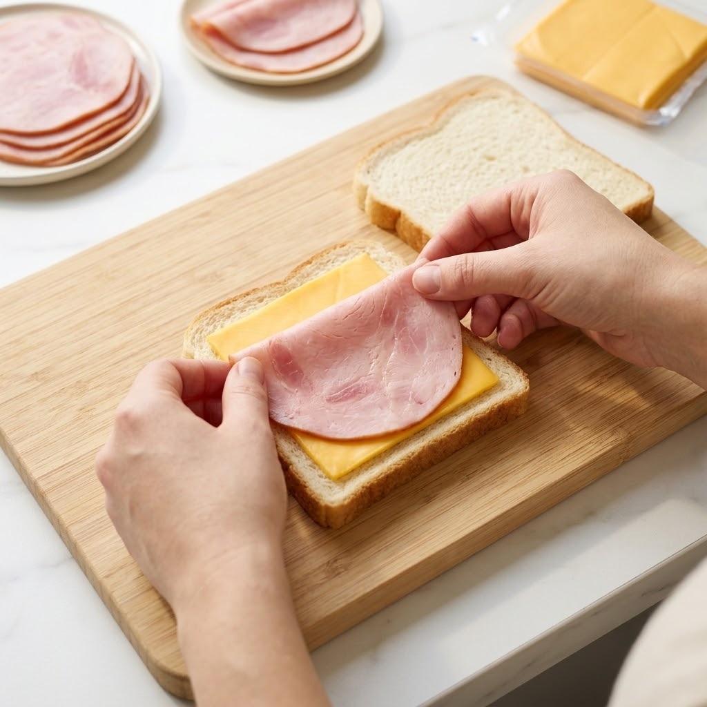 식빵 사이에 햄과 치즈 넣기, 달고나 토스트 만들기 1단계