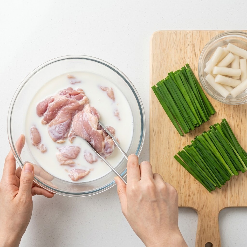 닭다리살 우유 재우기 및 부추 손질, 부추카레닭볶이 만들기 1단계