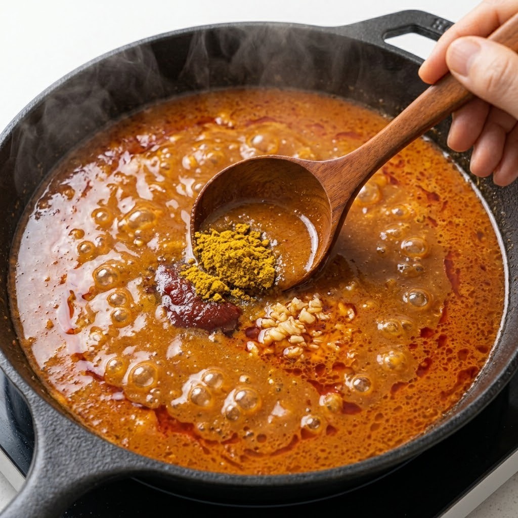 치킨 육수에 카레 양념 넣고 끓이기, 부추카레닭볶이 만들기 3단계