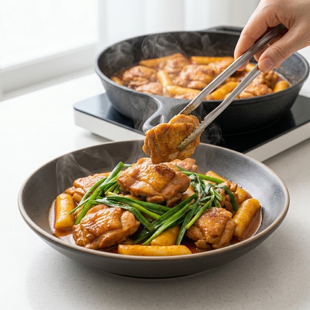 부추와 닭볶이 켜켜이 담아내기, 부추카레닭볶이 완성 5단계