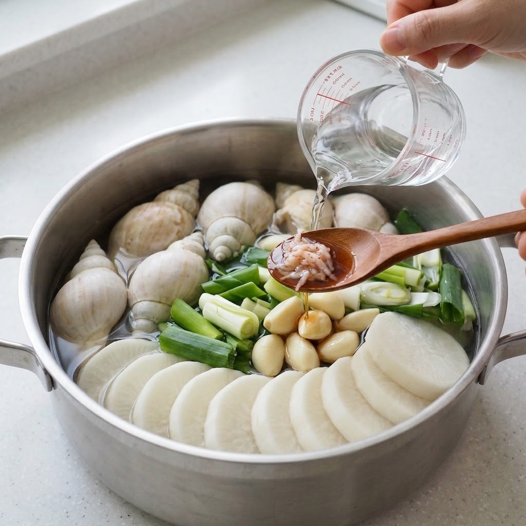 냄비 바닥에 무 깔고 백골뱅이와 양념 육수 끓이기, 백골뱅이 어묵탕 2단계
