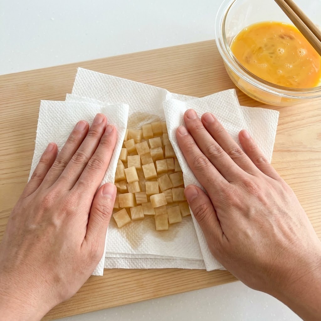 치킨무 수분 제거 및 다지기 과정, 치킨 무 볶음밥 1단계