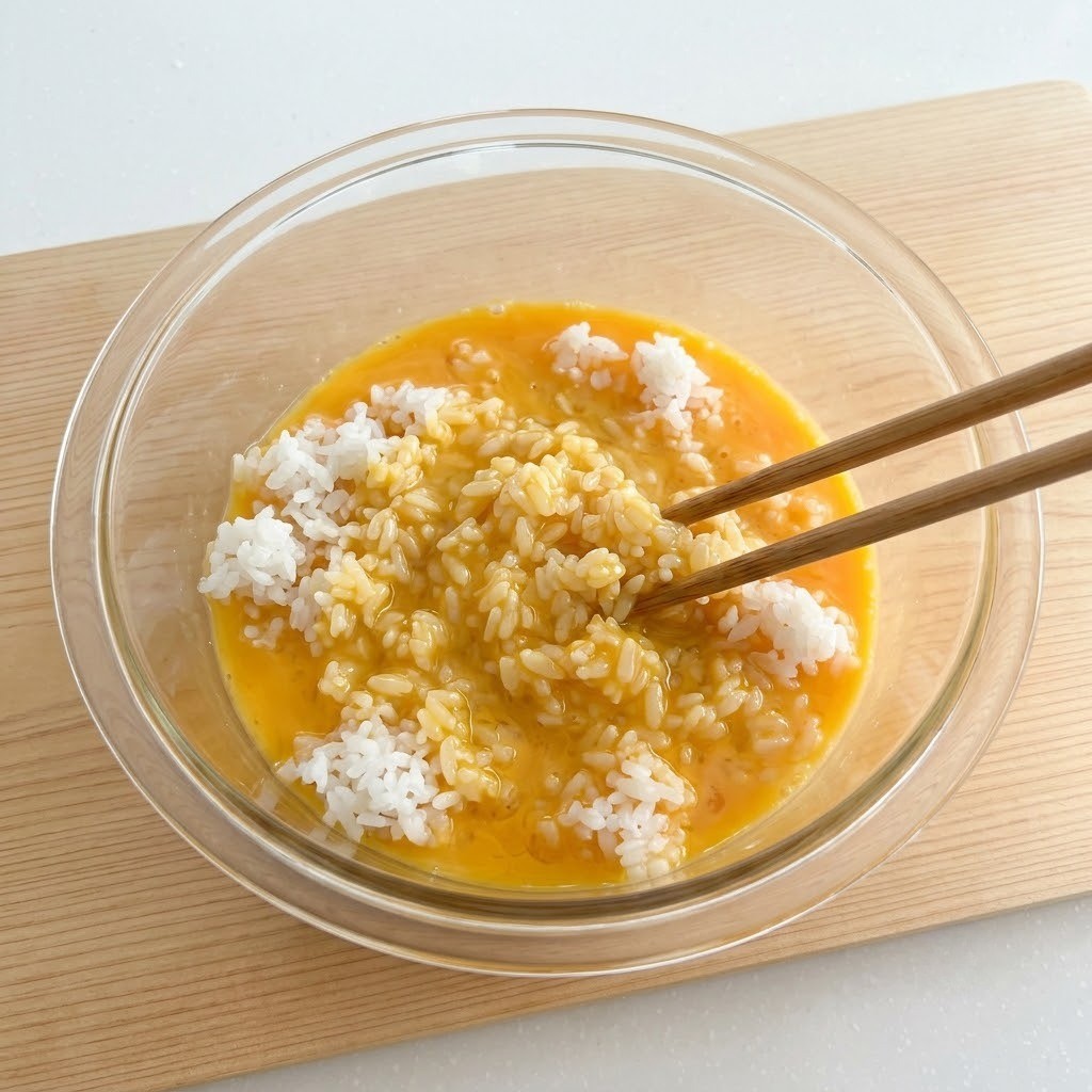 차가운 즉석밥에 달걀물 코팅하기, 치킨 무 볶음밥 2단계