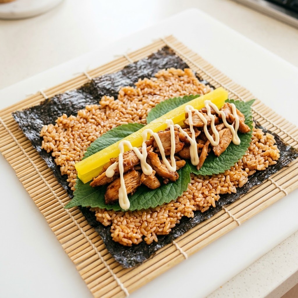양념 치밥 위에 깻잎과 치킨 마요네즈 올리기, 지코 김밥 3단계